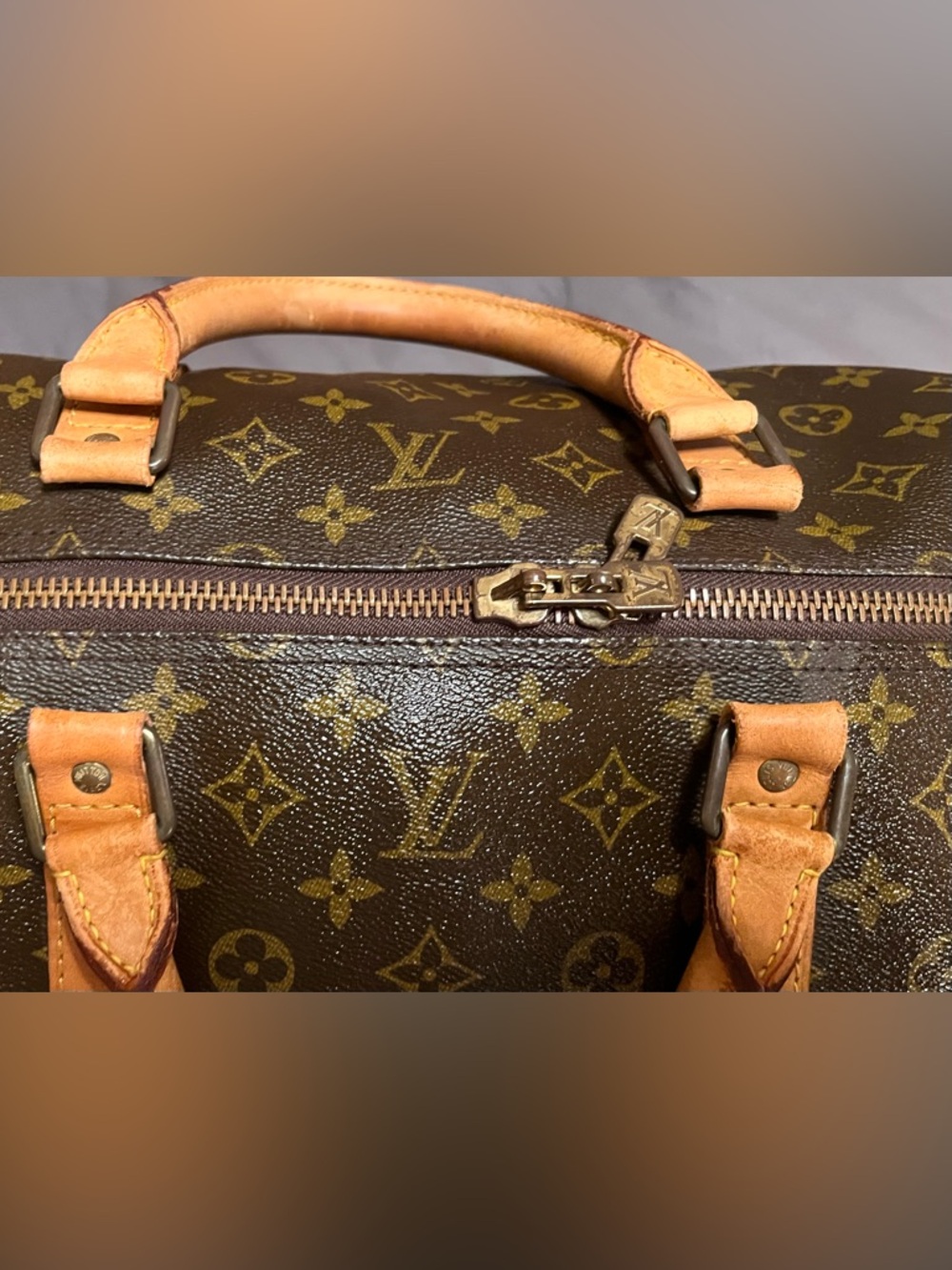 Louis Vuitton Brown Monogram Keepall Duffel Bag with Tan Leather Trim - Picture 6 of 16